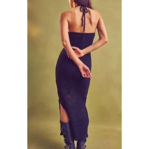 Free people Midi Dress Women Bodycon Black Dahlia Crochet Halter Slit Side Sz M - Picture 3 of 10